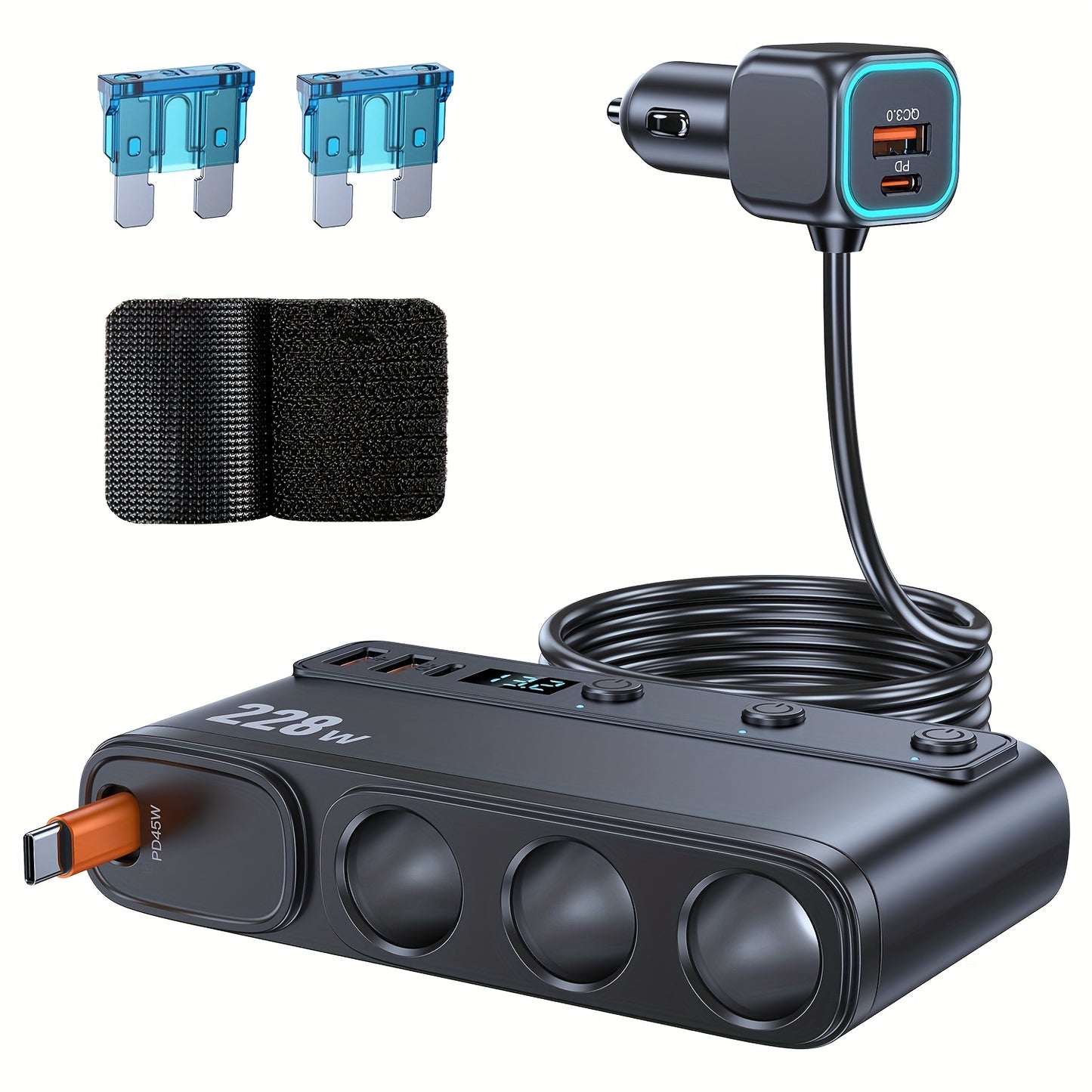 New 228W One-to-Three Car Fast Charger with Retractable Cable