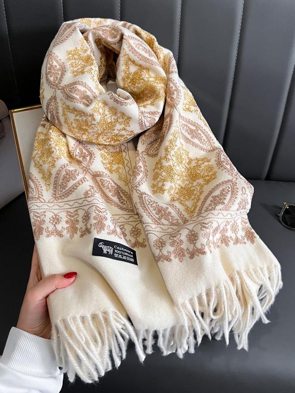 Boho Style Plants Embroidery Double Sided Cashmere Pashmina Scarf