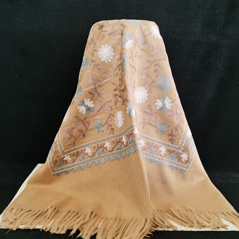 Boho Style Plants Embroidery Double Sided Cashmere Pashmina Scarf