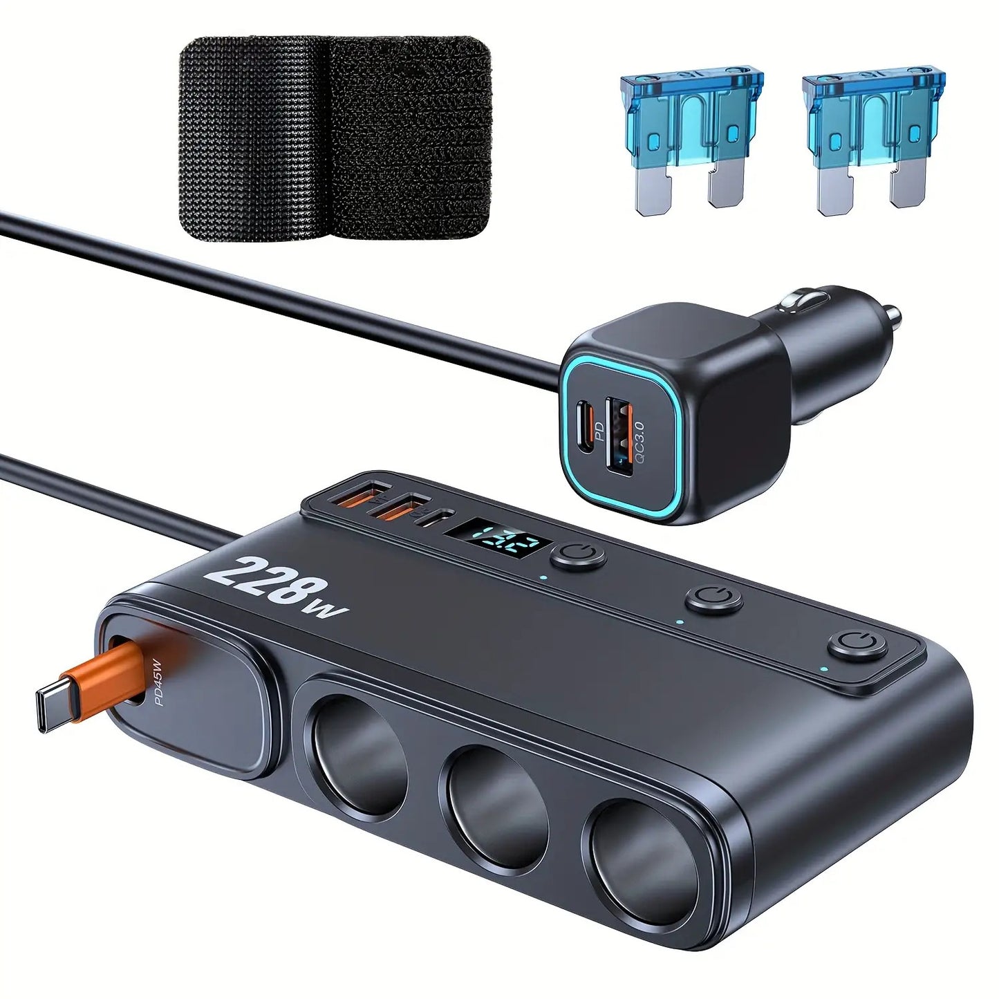 New 228W One-to-Three Car Fast Charger with Retractable Cable