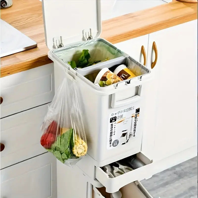 1pc Large Dual-Compartment Kitchen Trash Can with Wheels