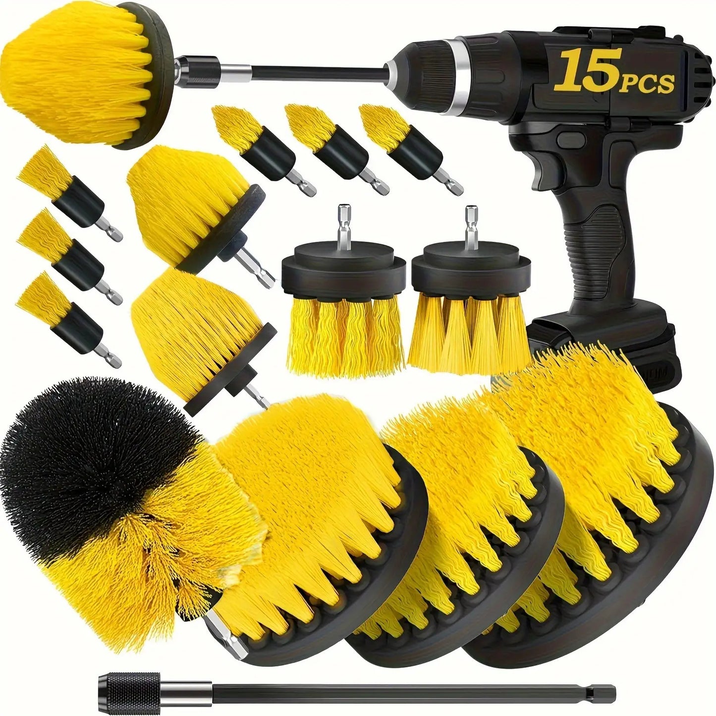 15pcs Electric Drill Brush Set with Extension Rod
