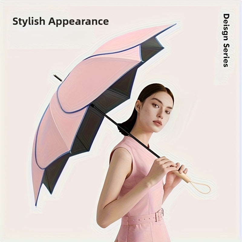 1-Pack Flower Petal Design Automatic Open Umbrella with Wood Handle