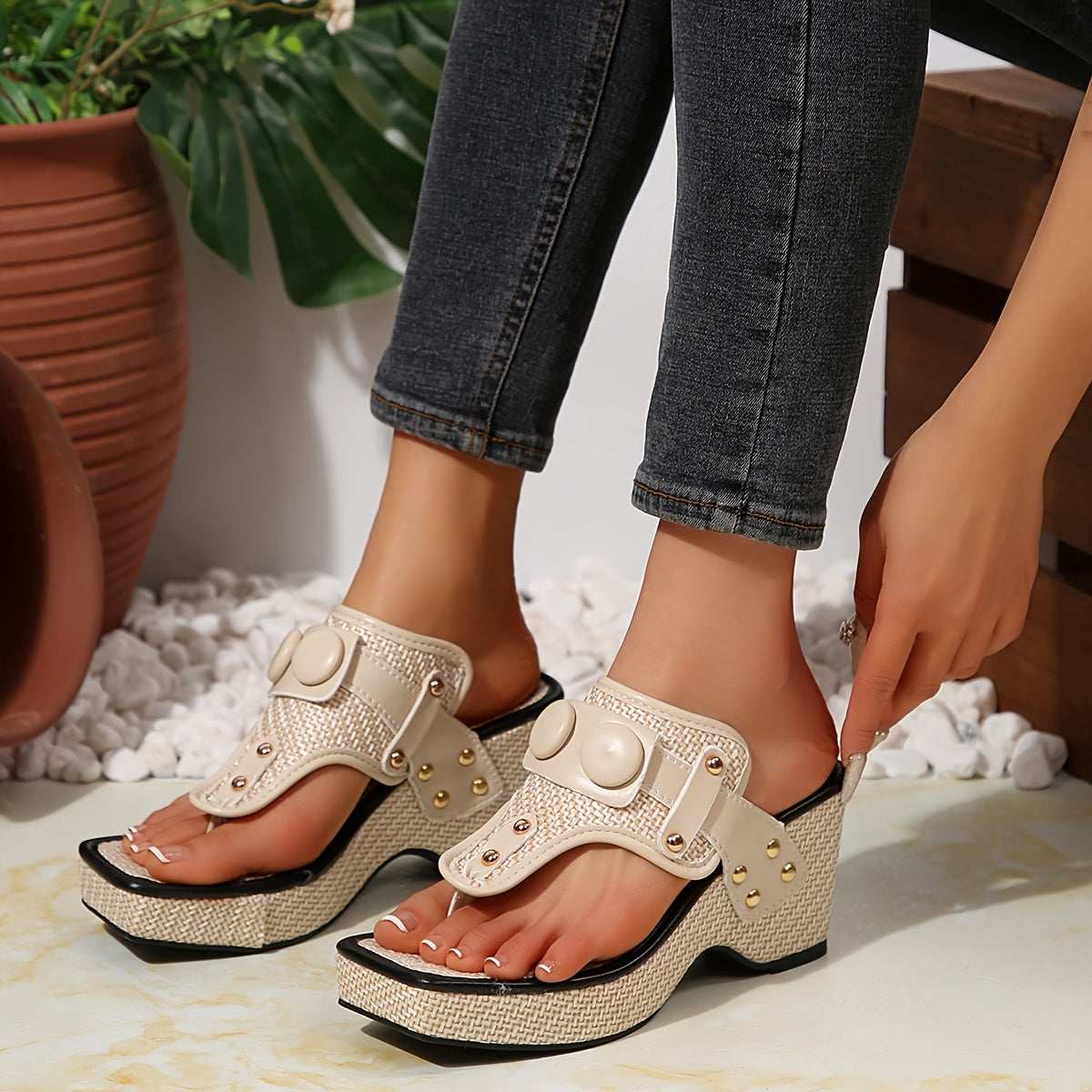 Rivet Thick-Sole Clip-Toe Women's Slippers