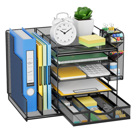 5-Tier Metal Mesh Desk Organizer with Large Vertical File Holder