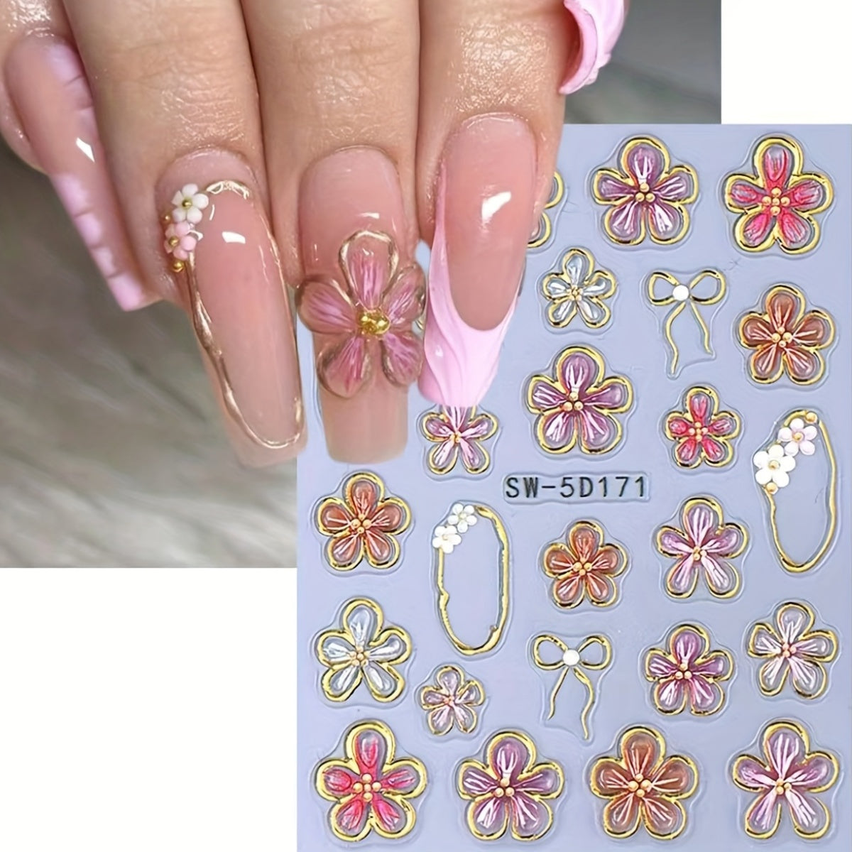 10pcs 5D Embossed Flower Nail Stickers