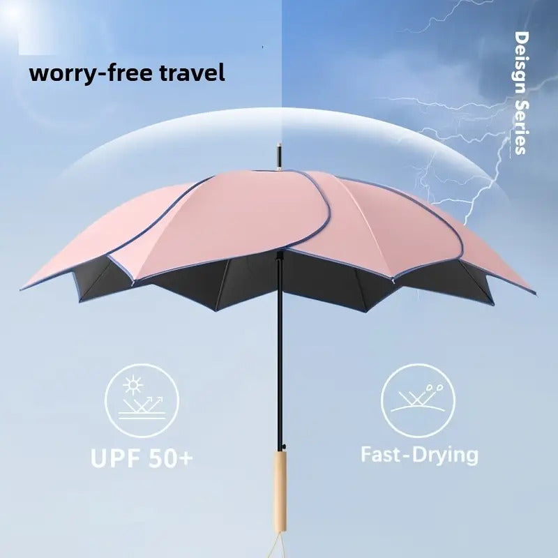 1-Pack Flower Petal Design Automatic Open Umbrella with Wood Handle