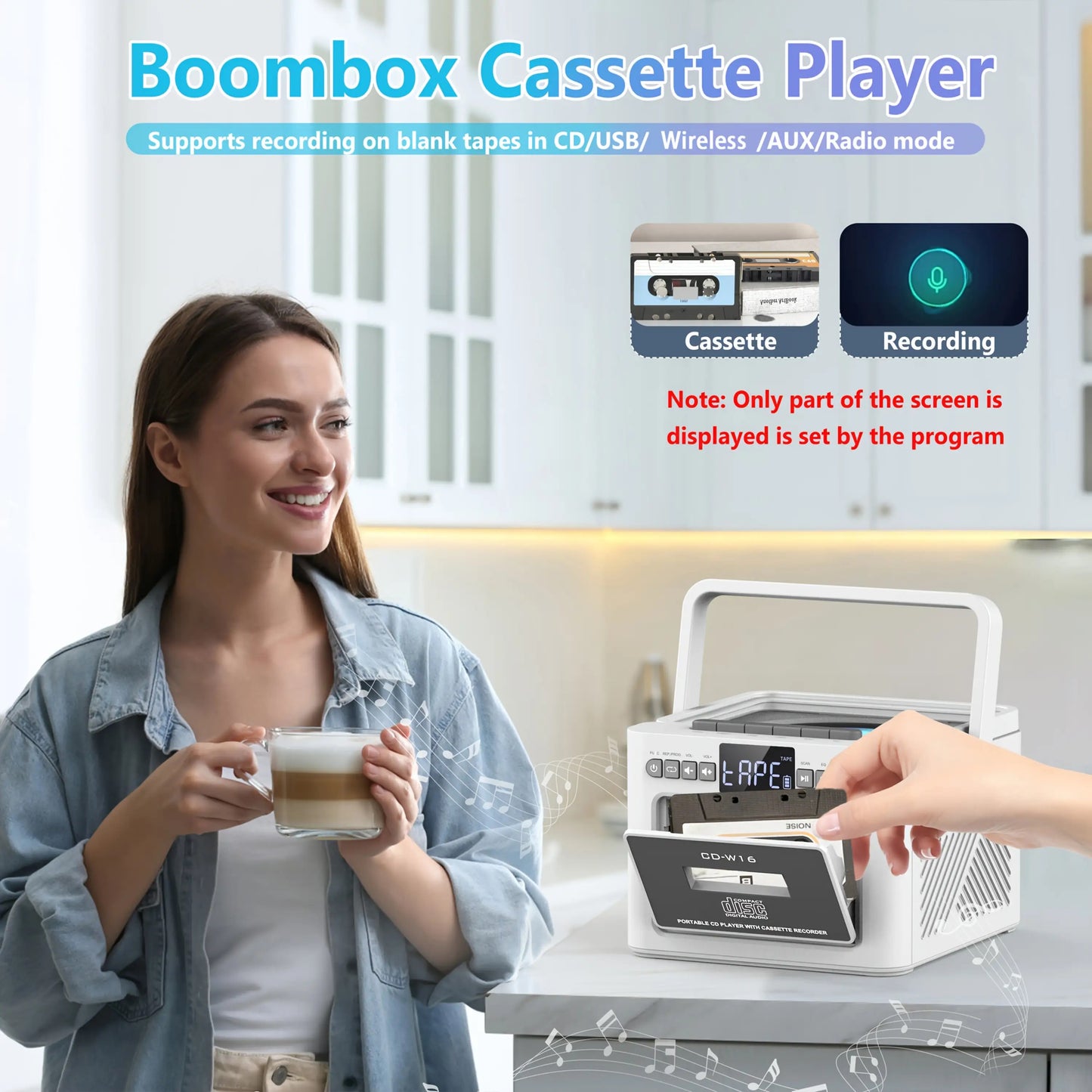 Vintage Retro CD/Cassette Boombox with 5000mAh Battery, Dual Stereo Speakers