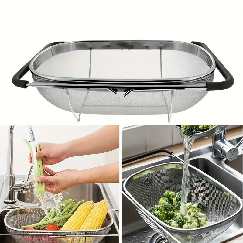 Extendable Stainless Steel Colander with Fine Mesh and Drain Basket - Perfect for Vegetables and Kitchen Accessories