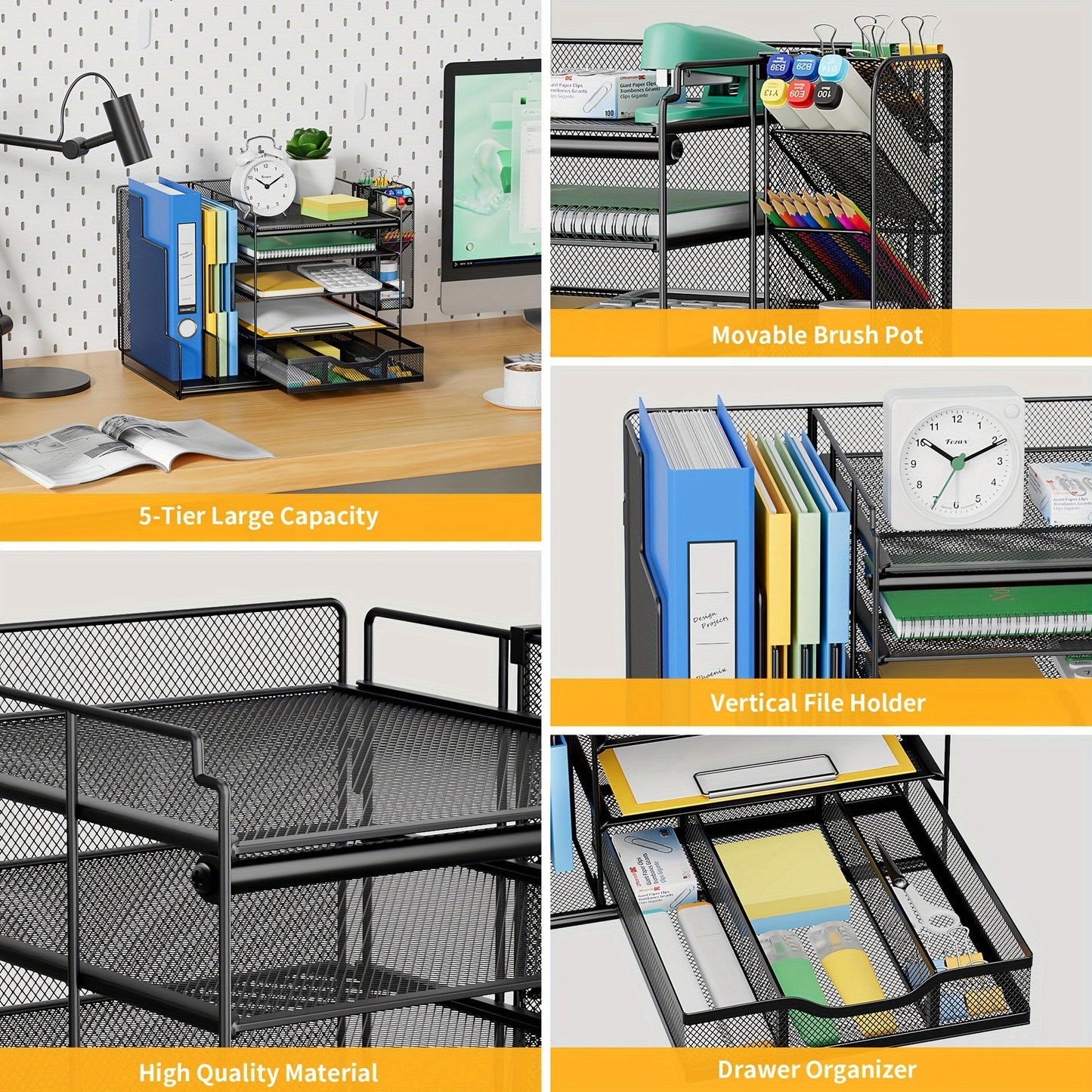 5-Tier Metal Mesh Desk Organizer with Large Vertical File Holder