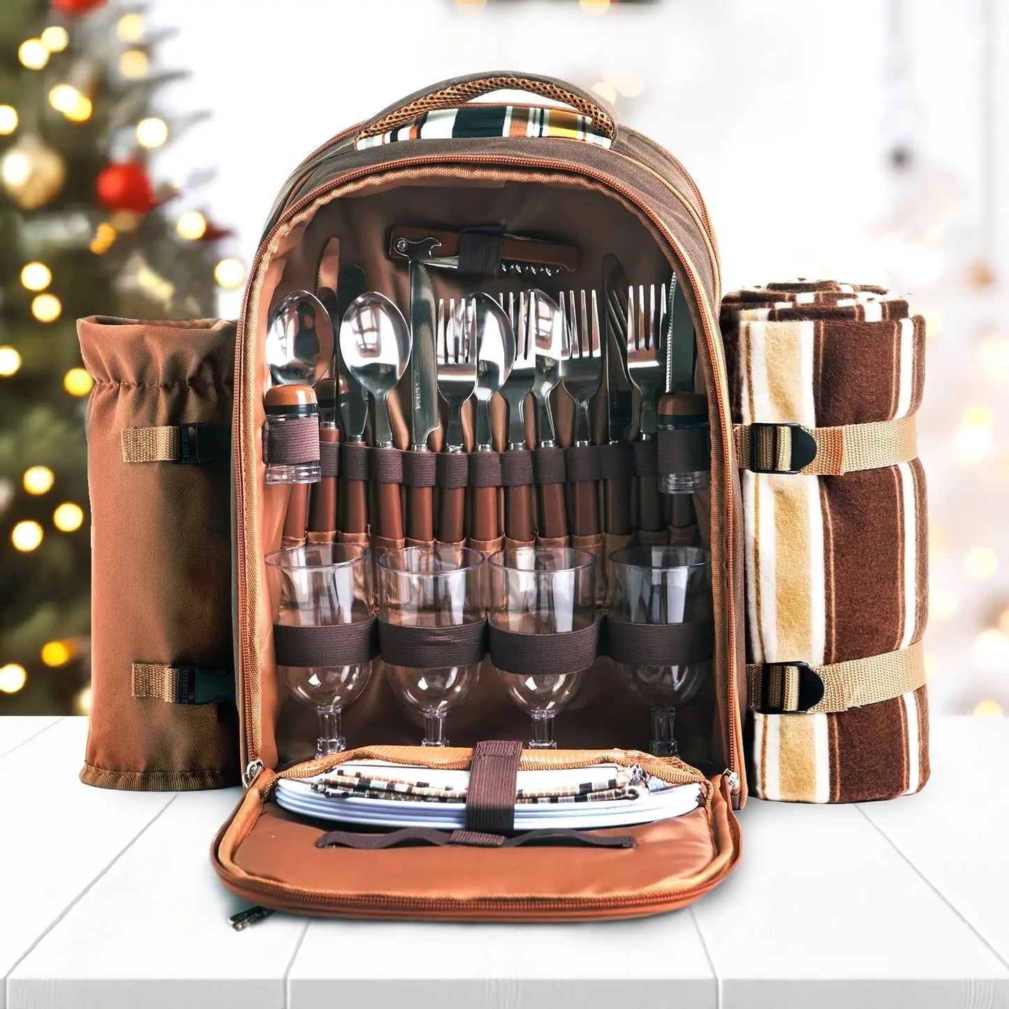 4-Person Picnic Backpack with Cooler Compartment