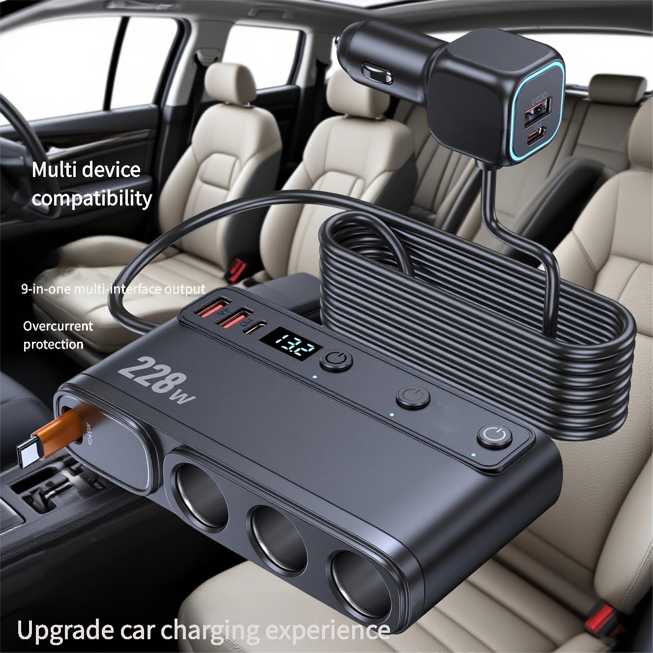 New 228W One-to-Three Car Fast Charger with Retractable Cable