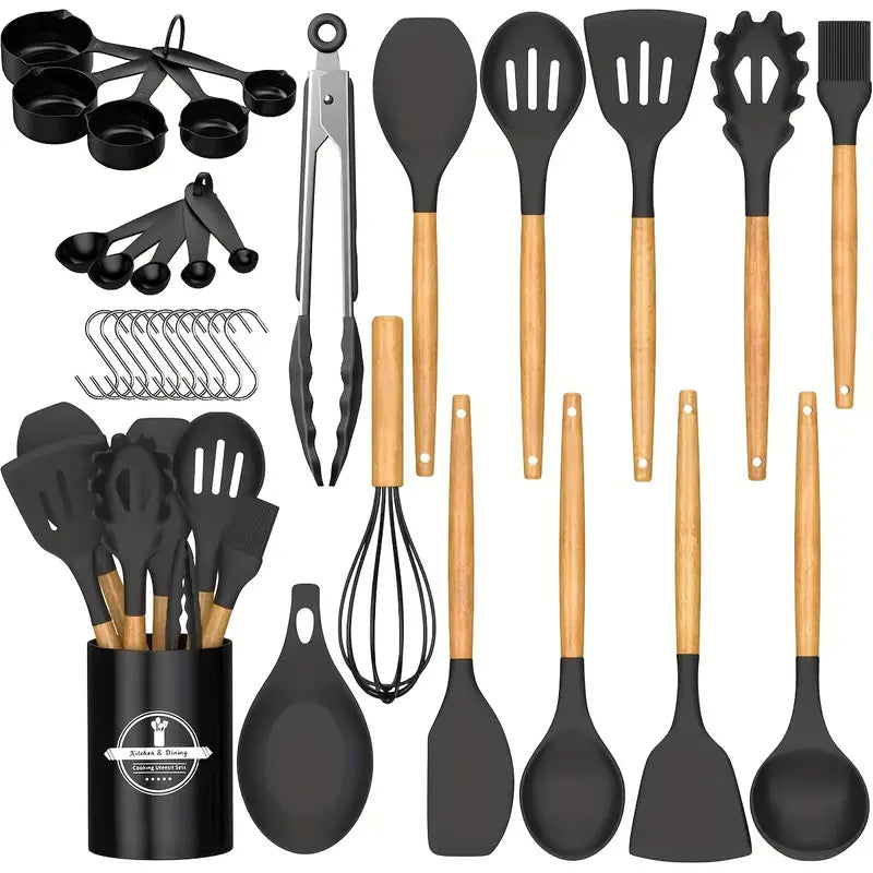 34pcs/set Heat Resistant Wooden Handle Silicone Cookware Non-stick Cooking Safe Cookware Set