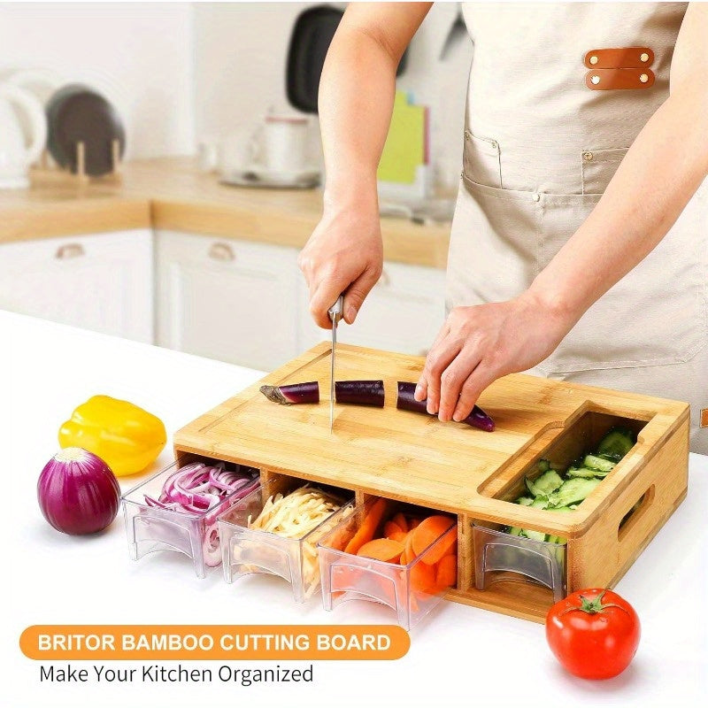 1pc Durable Bamboo Cutting Board With Drawers