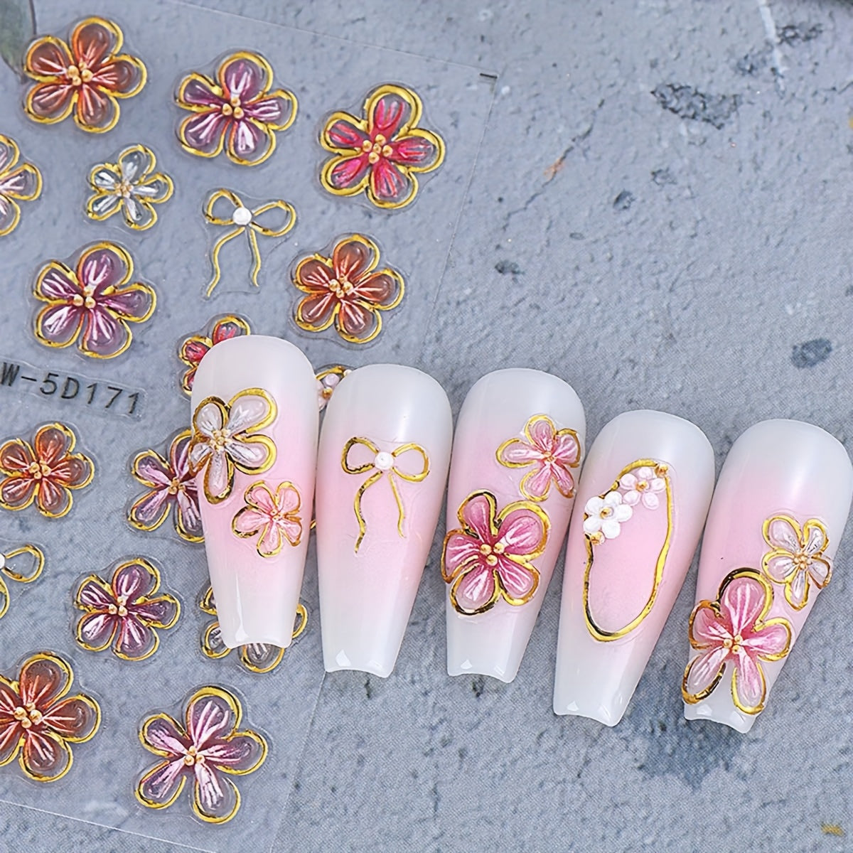 10pcs 5D Embossed Flower Nail Stickers