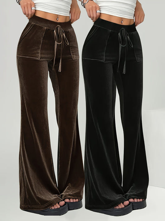 Women's high waist drawstring pocket casual flared pants two piece set