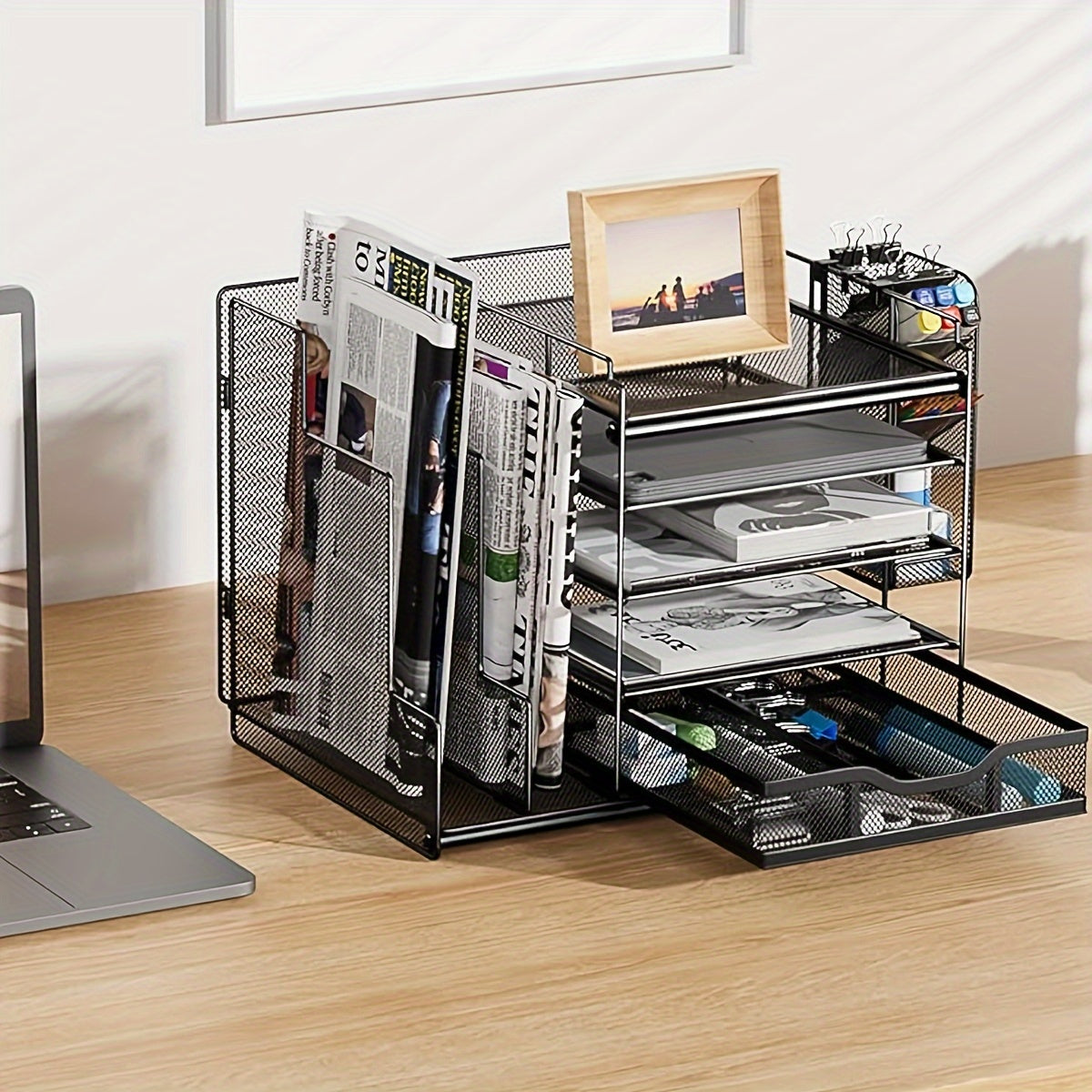 5-Tier Metal Mesh Desk Organizer with Large Vertical File Holder