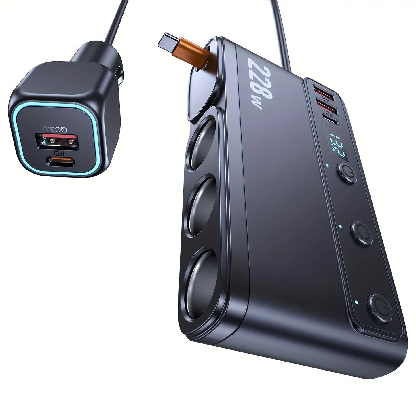 New 228W One-to-Three Car Fast Charger with Retractable Cable