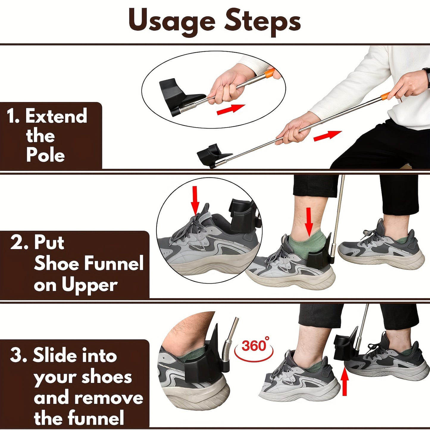 Bending free stainless steel extendable shoe extractor and shoe wearing aid
