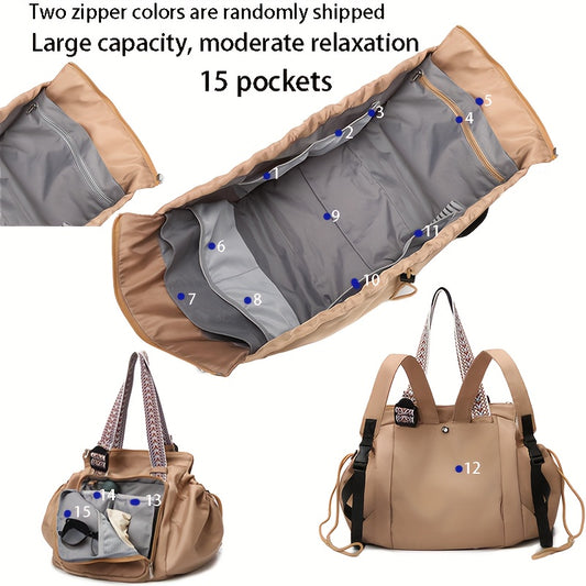 Large Capacity Beige Oxford Fabric Expandable Shoulder Tote Bag