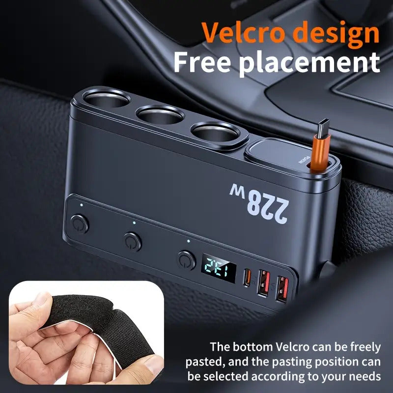 New 228W One-to-Three Car Fast Charger with Retractable Cable