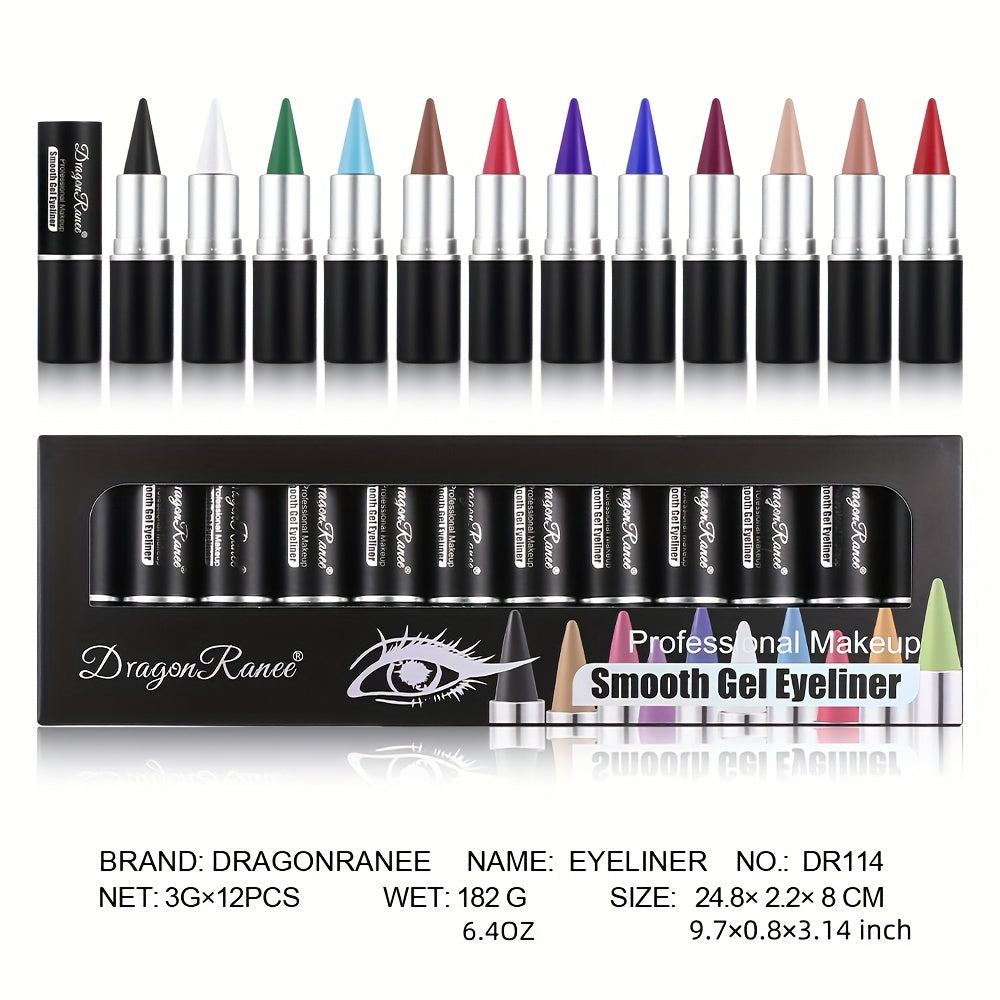 12pcs Long-lasting Waterproof Automatic Rotating Color Eyeliner Case