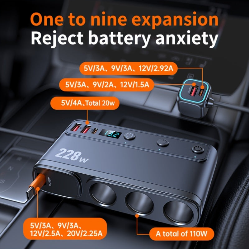 New 228W One-to-Three Car Fast Charger with Retractable Cable