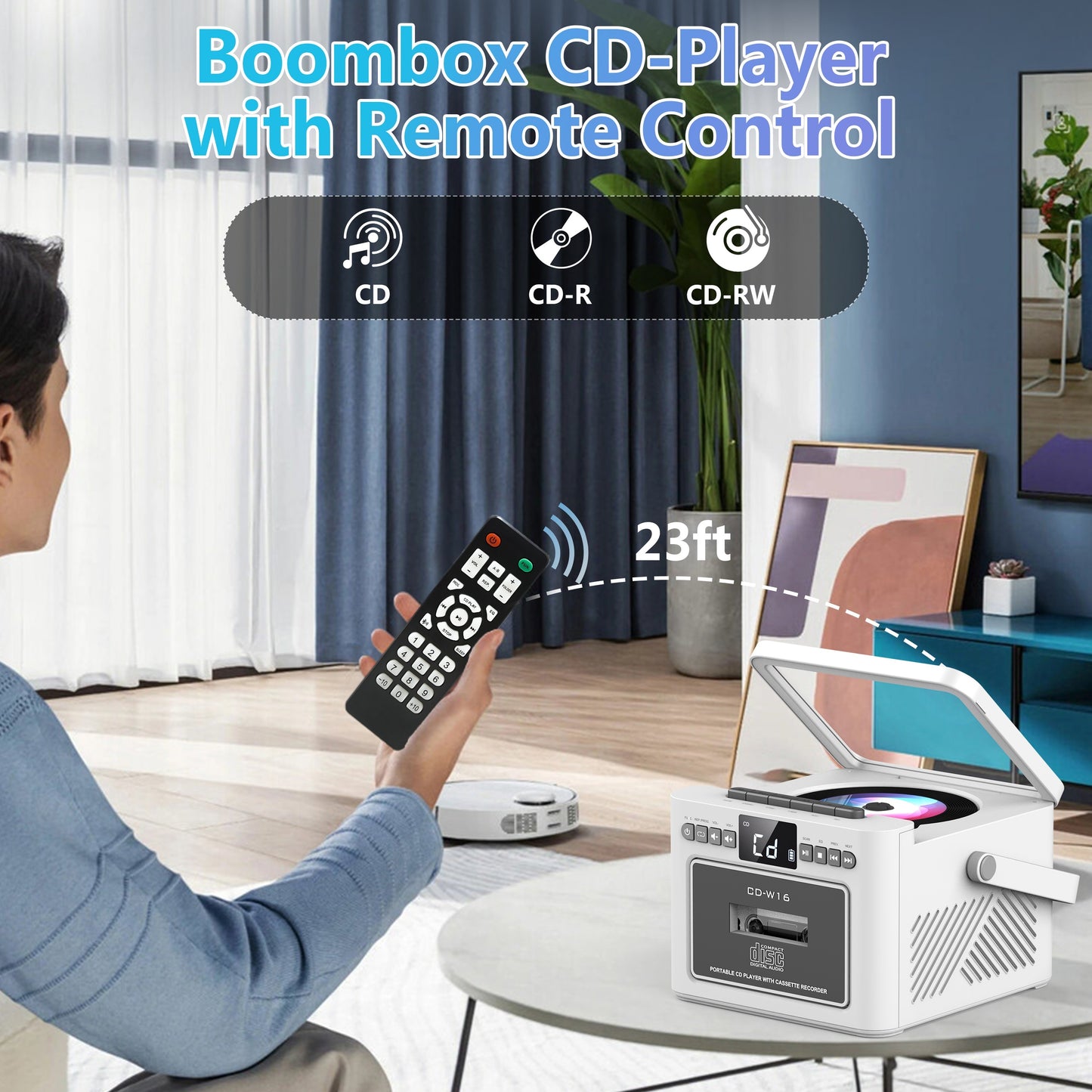 Vintage Retro CD/Cassette Boombox with 5000mAh Battery, Dual Stereo Speakers