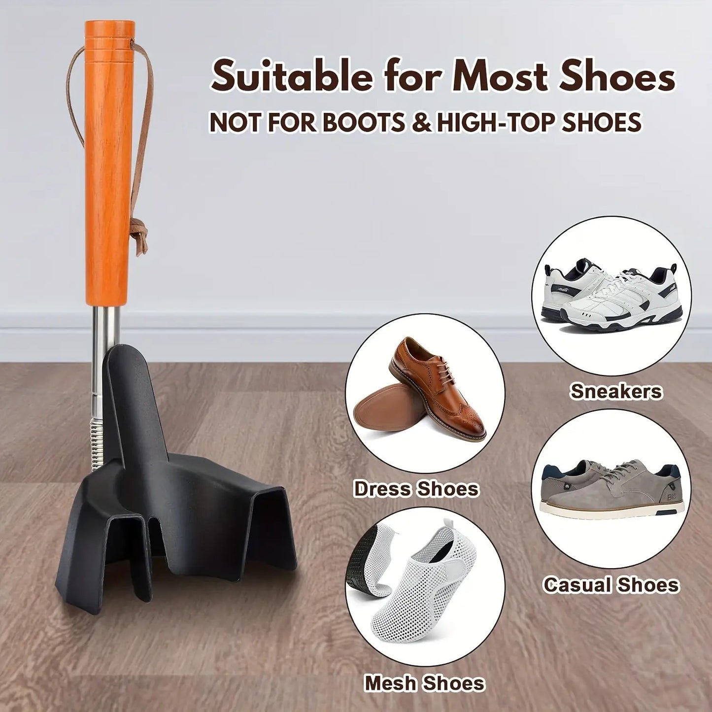 Bending free stainless steel extendable shoe extractor and shoe wearing aid