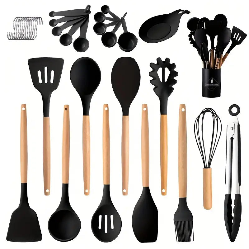 34pcs/set Heat Resistant Wooden Handle Silicone Cookware Non-stick Cooking Safe Cookware Set