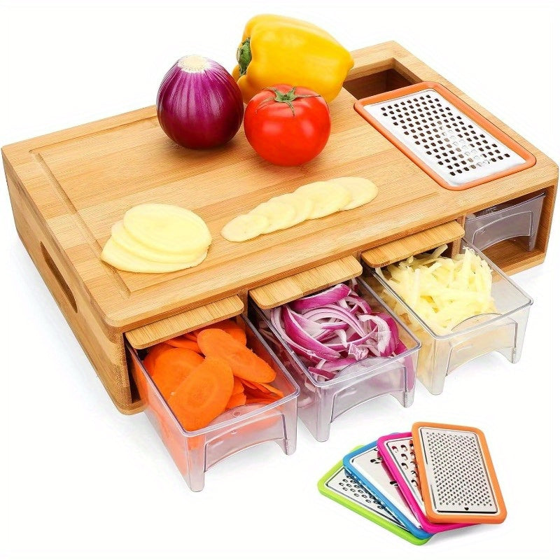 1pc Durable Bamboo Cutting Board With Drawers