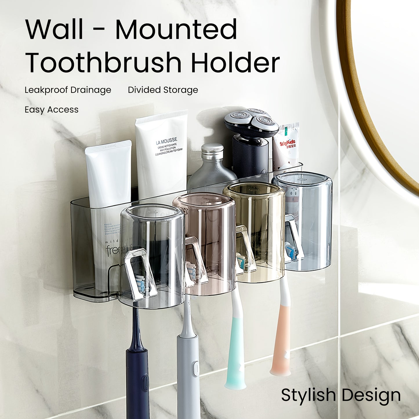 5pcs Wall-Mounted Toothbrush Holder with Leakproof Drainage