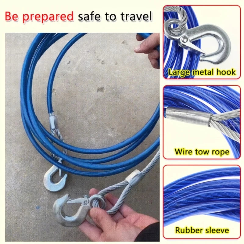1 Roll 5m Steel Tow Rope with Hooks, Heavy-Duty Car Recovery Cable