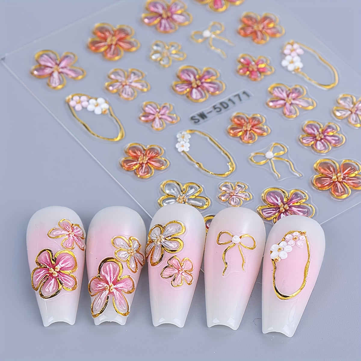 10pcs 5D Embossed Flower Nail Stickers