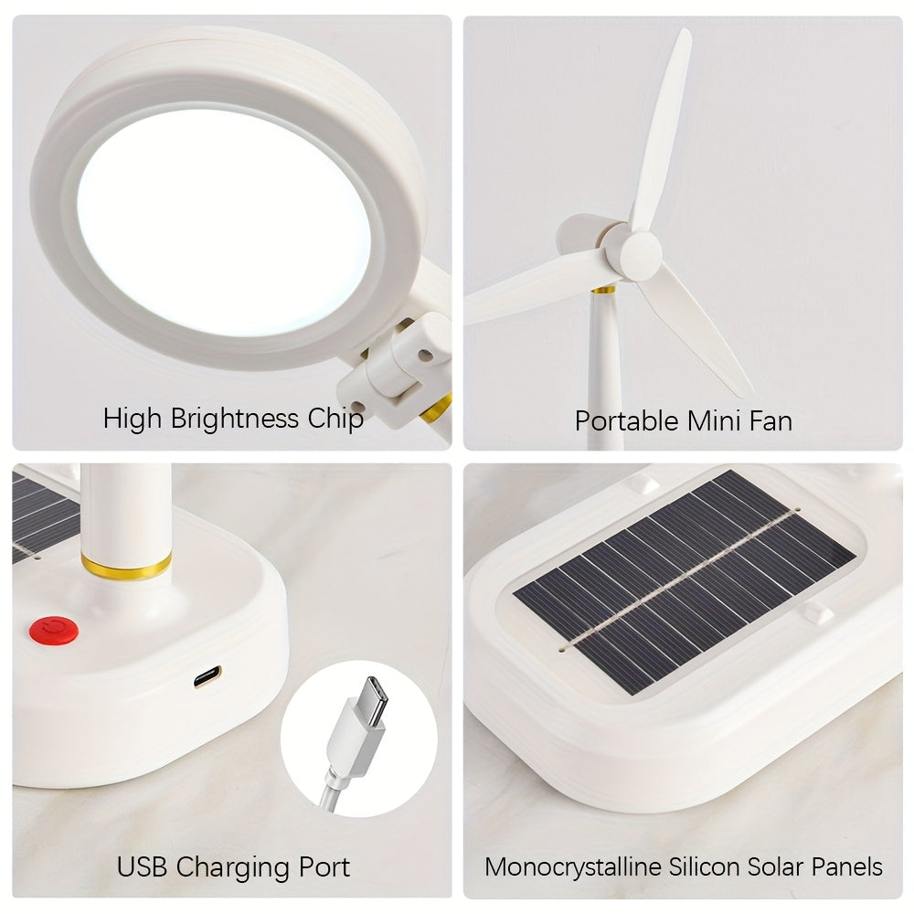 Portable Solar Powered USB Rechargeable Fan & LED Table Lamp