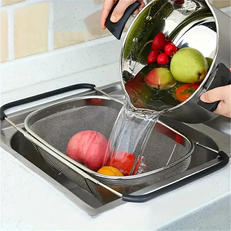 Extendable Stainless Steel Colander with Fine Mesh and Drain Basket - Perfect for Vegetables and Kitchen Accessories