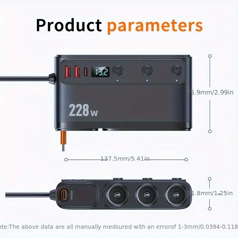 New 228W One-to-Three Car Fast Charger with Retractable Cable