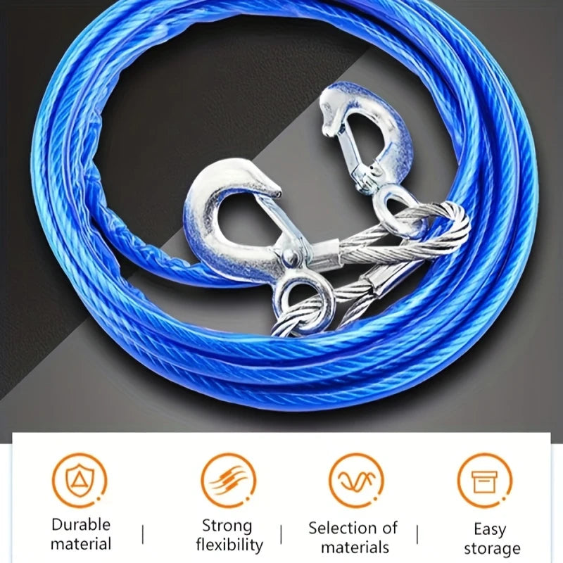 1 Roll 5m Steel Tow Rope with Hooks, Heavy-Duty Car Recovery Cable