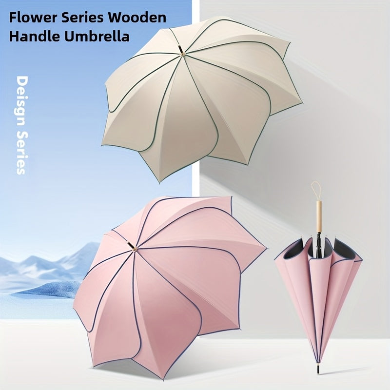 1-Pack Flower Petal Design Automatic Open Umbrella with Wood Handle