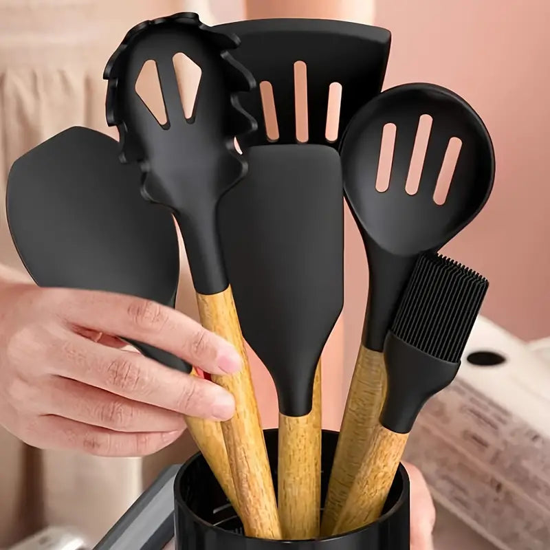 34pcs/set Heat Resistant Wooden Handle Silicone Cookware Non-stick Cooking Safe Cookware Set