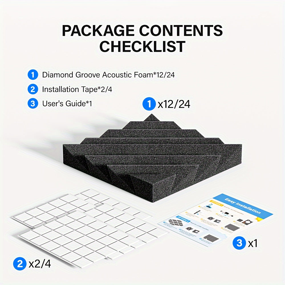 12pcs Diamond Groove Sound Proof Foam Panels