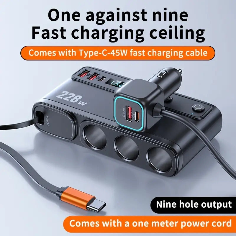 New 228W One-to-Three Car Fast Charger with Retractable Cable