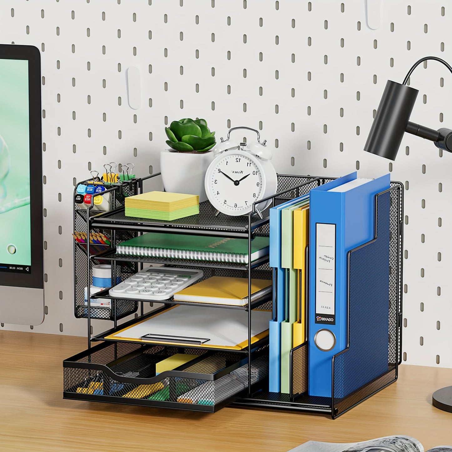 5-Tier Metal Mesh Desk Organizer with Large Vertical File Holder