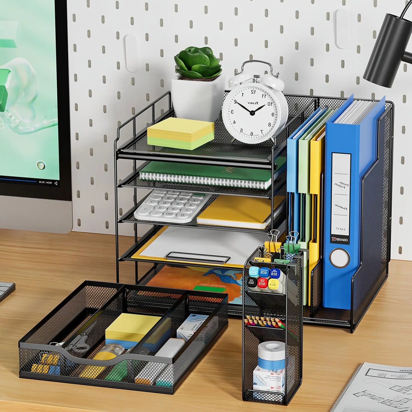 5-Tier Metal Mesh Desk Organizer with Large Vertical File Holder