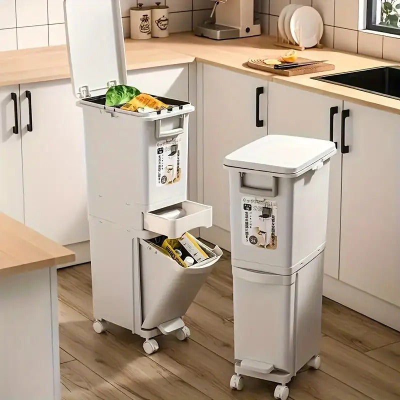 1pc Large Dual-Compartment Kitchen Trash Can with Wheels