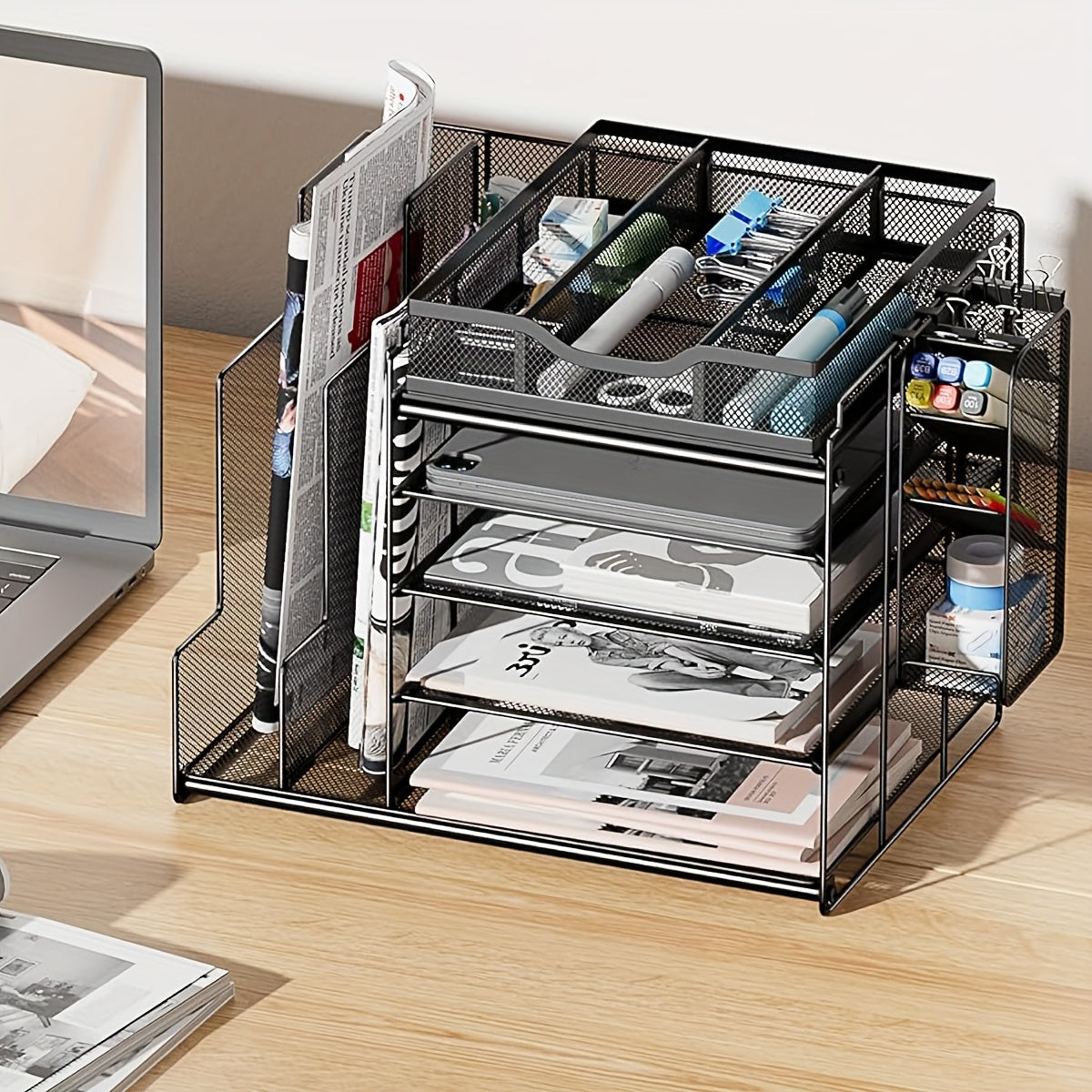 5-Tier Metal Mesh Desk Organizer with Large Vertical File Holder