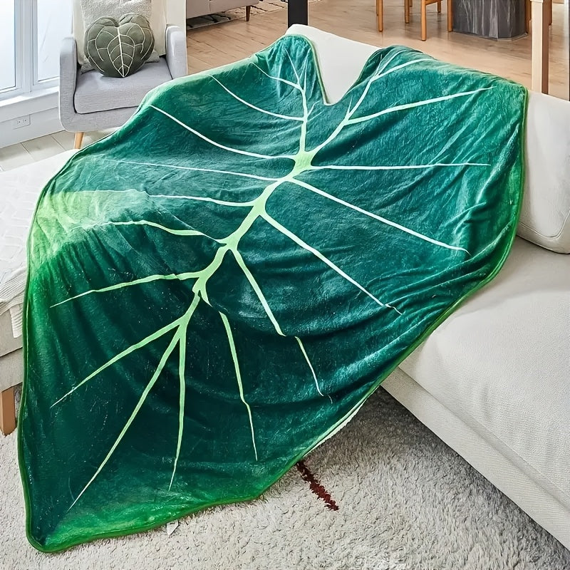 1pc Soft Green & White Monstera Leaf Flannel Blanket