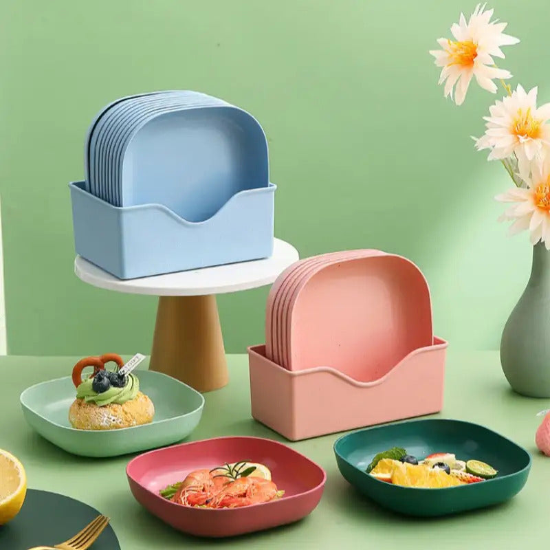10 Square Portable Plastic Dinner Plates with 1 Holder